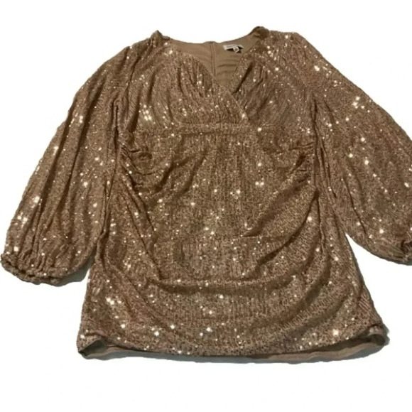 Plus Size 2X Glitter Sequence Ruched Wrap V Neck Body Con Dress Bishop Sleeve - Picture 7 of 8